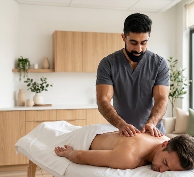 Registered Massage Therapist treating a male client in a modern clinic
